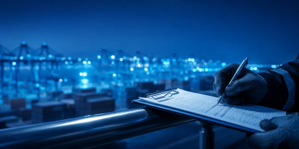 Gloved hands completing a checklist on a clipboard above a blurred, brightly lit container terminal.