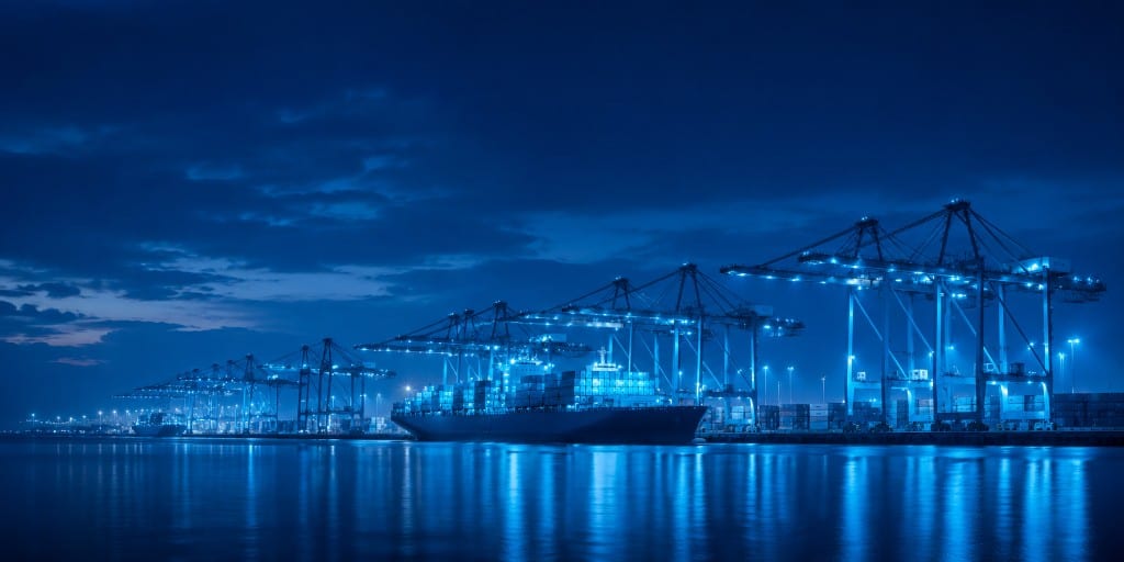 Loaded container vessel at berth with bright cranes reflected on calm water at night.