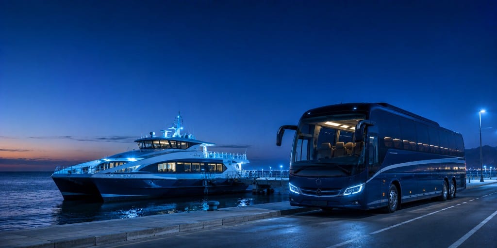 Modern coach and high-speed catamaran ferry moored at a harbour at blue hour, linking land and sea services.