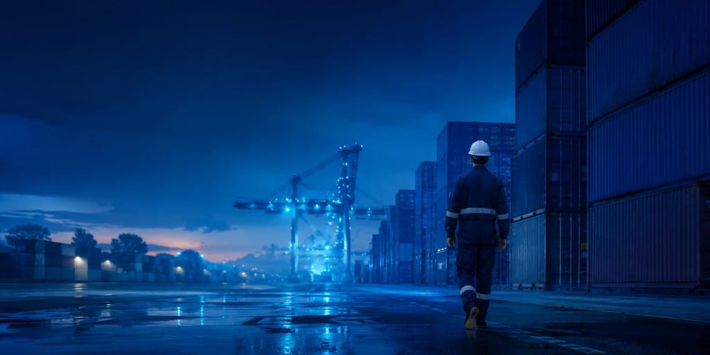 Worker in a hard hat walking through a container port at night with illuminated gantry cranes.