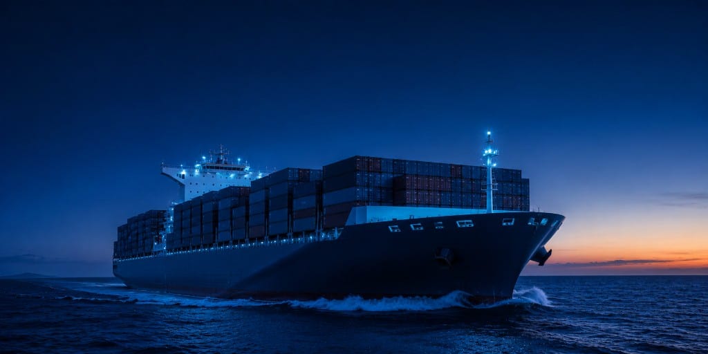 Fully laden container vessel cutting through open water at blue hour, bridge and stacks lit in cool tones.