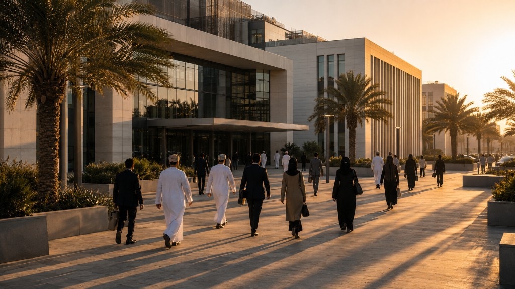 Golden-hour view from behind a group of professionals walking toward glass-fronted office buildings on a wide plaza, with palm trees and long shadows; mix of business suits and traditional attire.
