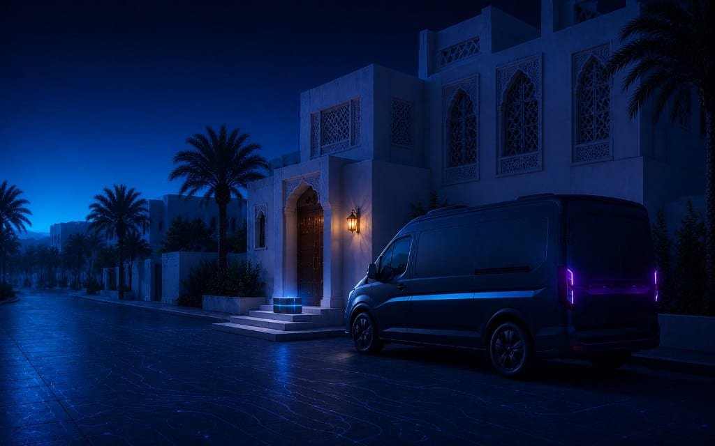 Stylized night scene of an express delivery van with a glowing smart parcel at a residential doorstep — Asyad Express