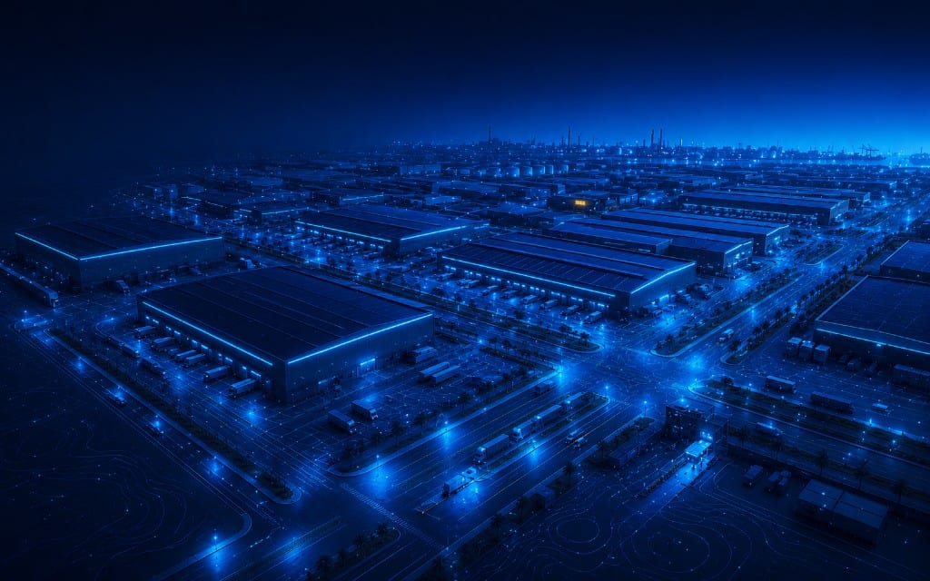 Stylized 3D render of a vast industrial free zone at night with glowing blue lights and logistics warehouses — Asyad Free Zones