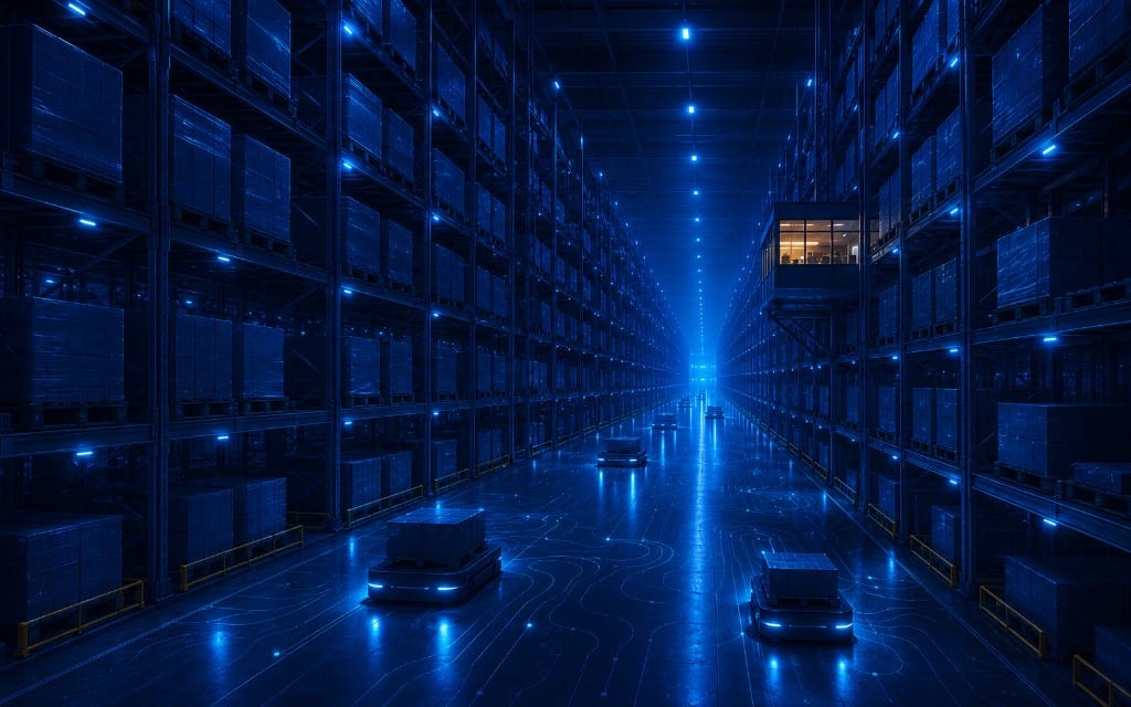 Stylized 3D render of a high-tech automated warehouse with AGVs, tall racking, and blue lighting — Asyad Logistics