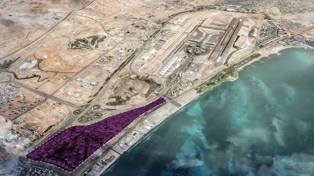 Coastal region map highlighting airport and free-zone corridor near Muscat.