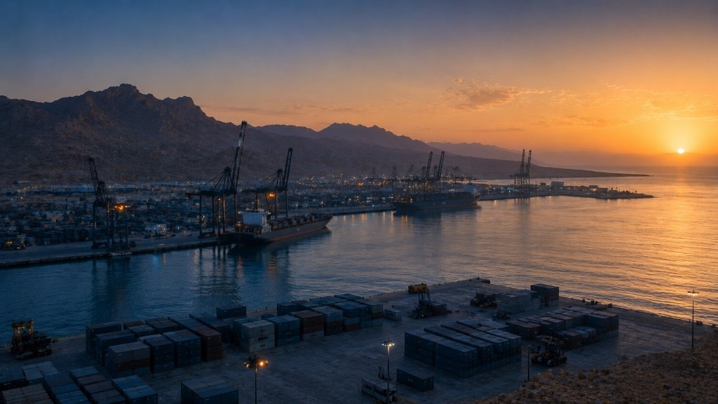 High view of a container port at sunset: stacked boxes, docked cargo ships, gantry cranes along the quay, calm water reflecting the sky, and rugged mountains on the horizon.