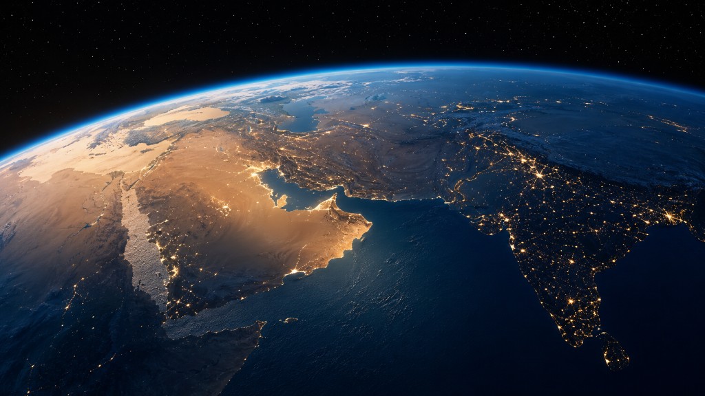 Nighttime satellite view of Earth over the Middle East, Arabian Peninsula, and Indian subcontinent, with coastal city lights