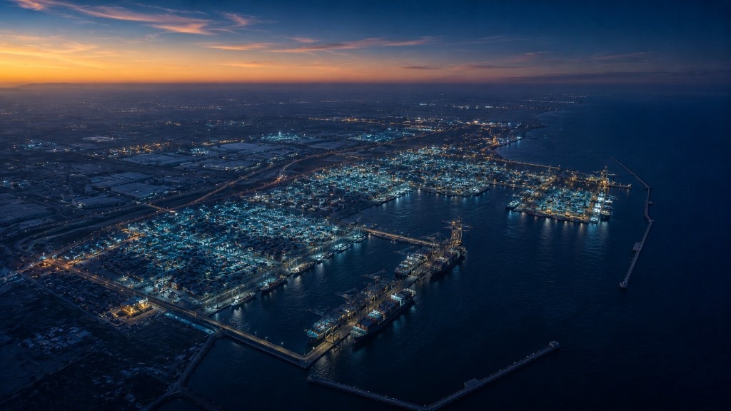 Aerial view of a vast container port at dusk: floodlit container yards and gantry cranes, cargo ships at berths, dark water, and warm sunset color on the horizon.