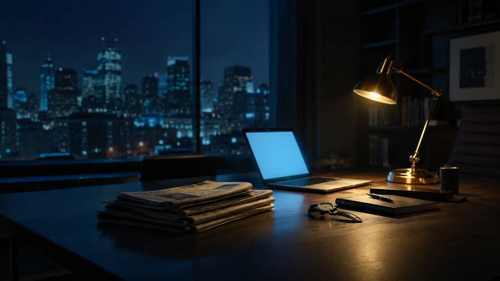 Editorial workspace at blue hour with broadsheet newspapers, a glowing laptop, and a warm desk lamp overlooking a city skyline at night.