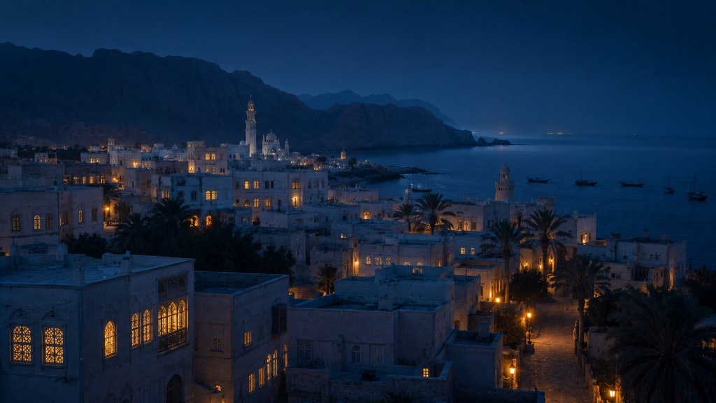 Night-time aerial view of a coastal town between dark mountains and calm water: warm-lit stone buildings, a minaret and dome, palm trees, and small boats on the bay.