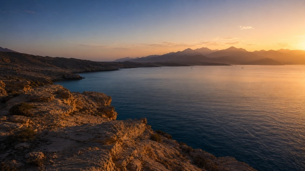 Sunrise or sunset over a calm coastal bay: sunlit rocky cliffs in the foreground, still water reflecting golden light, and blue mountains along the horizon.