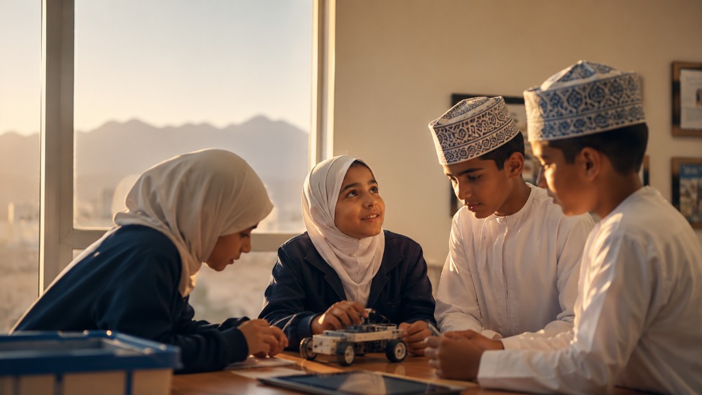 Omani students in traditional dress collaborating around a small robotics kit and tablet in a bright classroom at golden hour, mountains visible through the window.