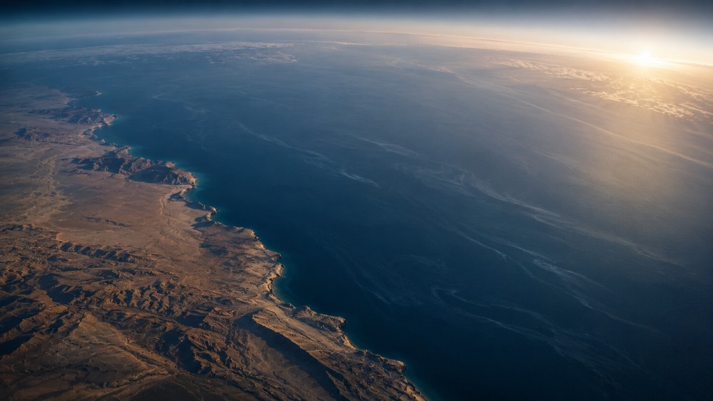 High-altitude aerial view of a rugged desert coastline meeting a deep blue ocean at sunrise, with golden light on the horizon and the rocky shoreline in shadow.